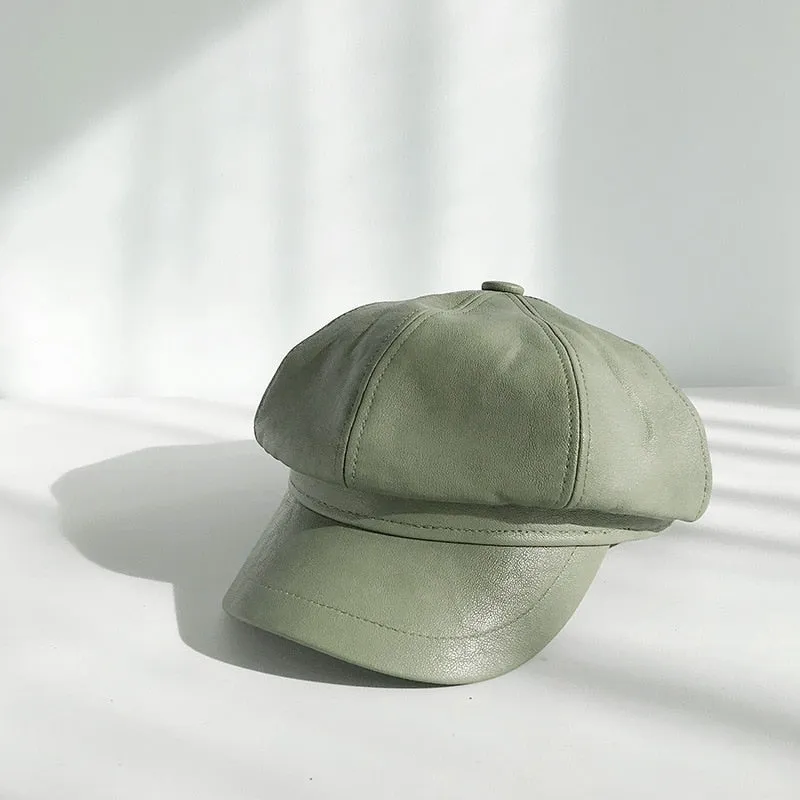 Avocado green Winter Octagonal Cap Women Beret Hats For Girls Newsboy Hats Female British style PU Leather Berets Hat for Street