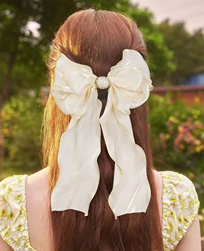 AWAYTR 6Pcs Women's Hair Accessory Hair Clips Tassel Ribbon Bowknot With Long Tail Solid Hair Ribbon (Black/Blue/Beige/Pink/Green/Red)