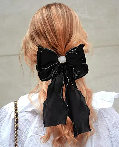 AWAYTR 6Pcs Women's Hair Accessory Hair Clips Tassel Ribbon Bowknot With Long Tail Solid Hair Ribbon (Black/Blue/Beige/Pink/Green/Red)