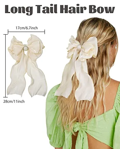 AWAYTR 6Pcs Women's Hair Accessory Hair Clips Tassel Ribbon Bowknot With Long Tail Solid Hair Ribbon (Black/Blue/Beige/Pink/Green/Red)