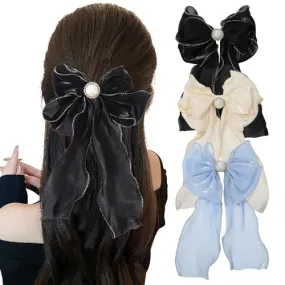 AWAYTR 6Pcs Women's Hair Accessory Hair Clips Tassel Ribbon Bowknot With Long Tail Solid Hair Ribbon (Black/Blue/Beige/Pink/Green/Red)