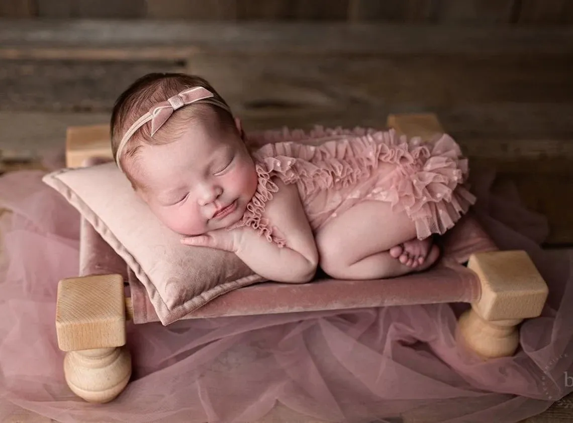 Babymoon Velvet Cover Wooden Bed | Wooden Properties | Pillow | Baby Photoshoot Props | Brown