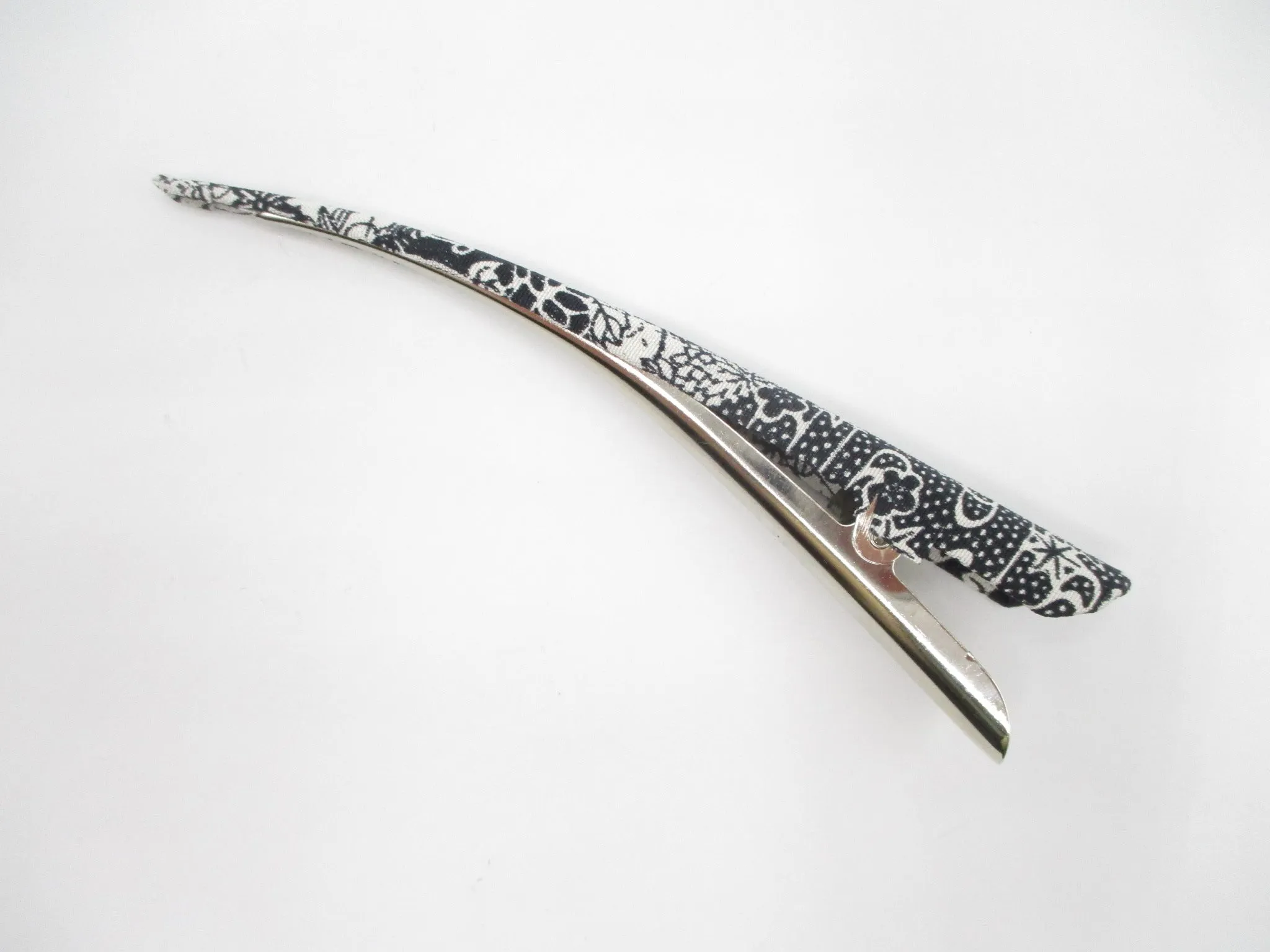 Black X White Kimono Long Clip, Japanese Silk Fabric Upcycled 130mm 5 1/8 inch