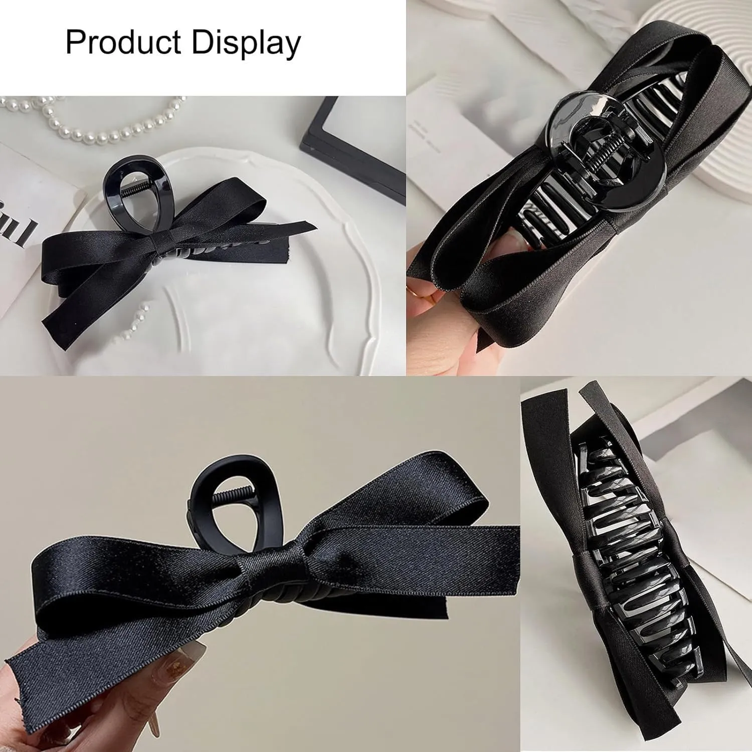 Bow Claw Clip, Black Hair Clips, Cute Claw Clips, Large Hair Claws Barrettes Accessories with Soft Silky Satin Bows for Thin Thick Curly Hair
