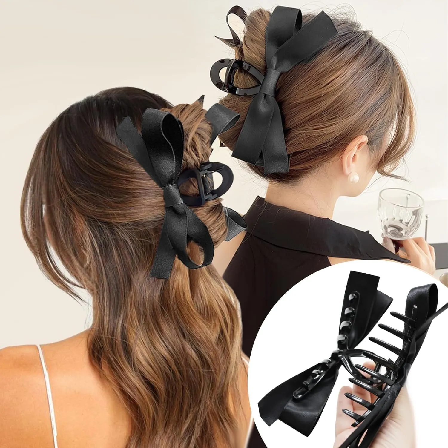 Bow Claw Clip, Black Hair Clips, Cute Claw Clips, Large Hair Claws Barrettes Accessories with Soft Silky Satin Bows for Thin Thick Curly Hair