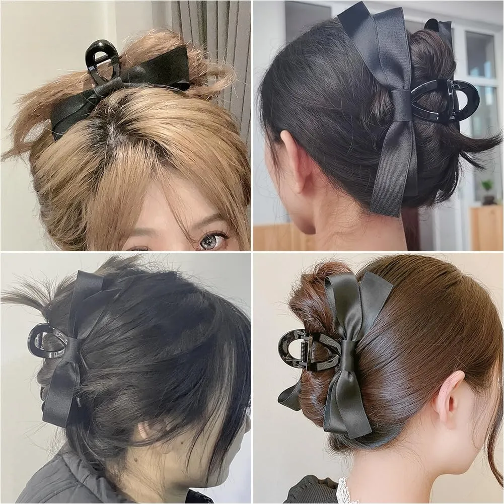 Bow Claw Clip, Black Hair Clips, Cute Claw Clips, Large Hair Claws Barrettes Accessories with Soft Silky Satin Bows for Thin Thick Curly Hair