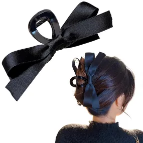 Bow Claw Clip, Black Hair Clips, Cute Claw Clips, Large Hair Claws Barrettes Accessories with Soft Silky Satin Bows for Thin Thick Curly Hair