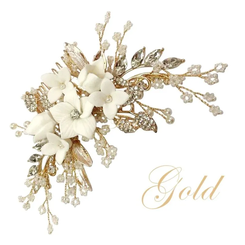 Brides Gold Floral Hair Comb with Crystal and Pearls, A7647