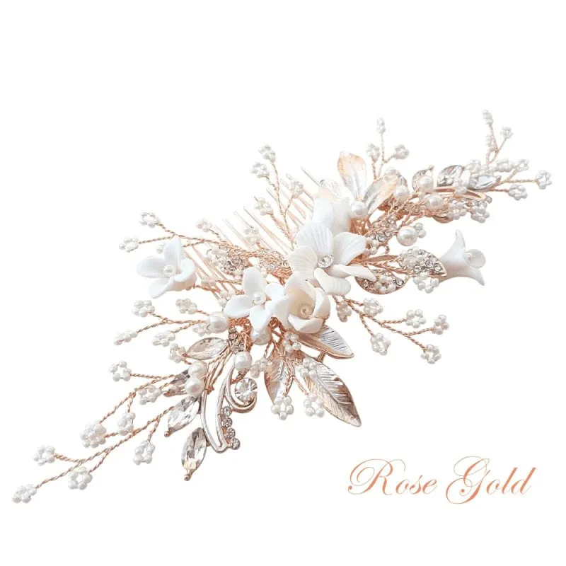 Brides Rose Gold Hair Comb with Crystal & Pearls, A1986