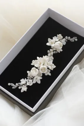 Caroline - Delicate Porcelain & Crystal Floral Pearl Bridal Hair Clip