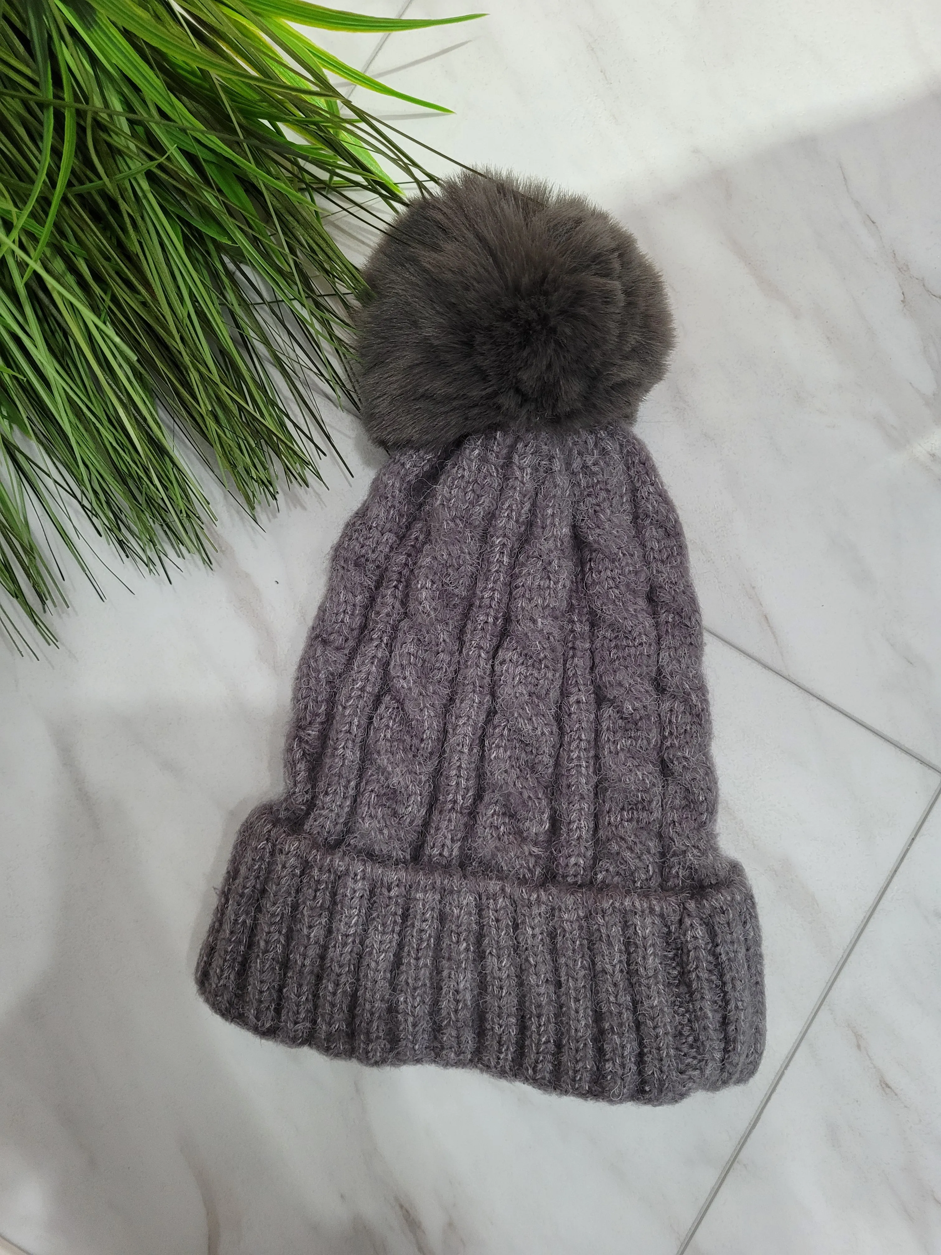 Charcoal Knit PomPom Beanie