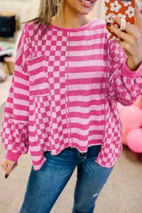 Checker Stripe Lantern Sleeve Blouse