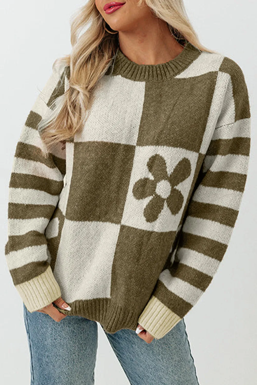 Checkered Floral Stripe Colorblock Sweater
