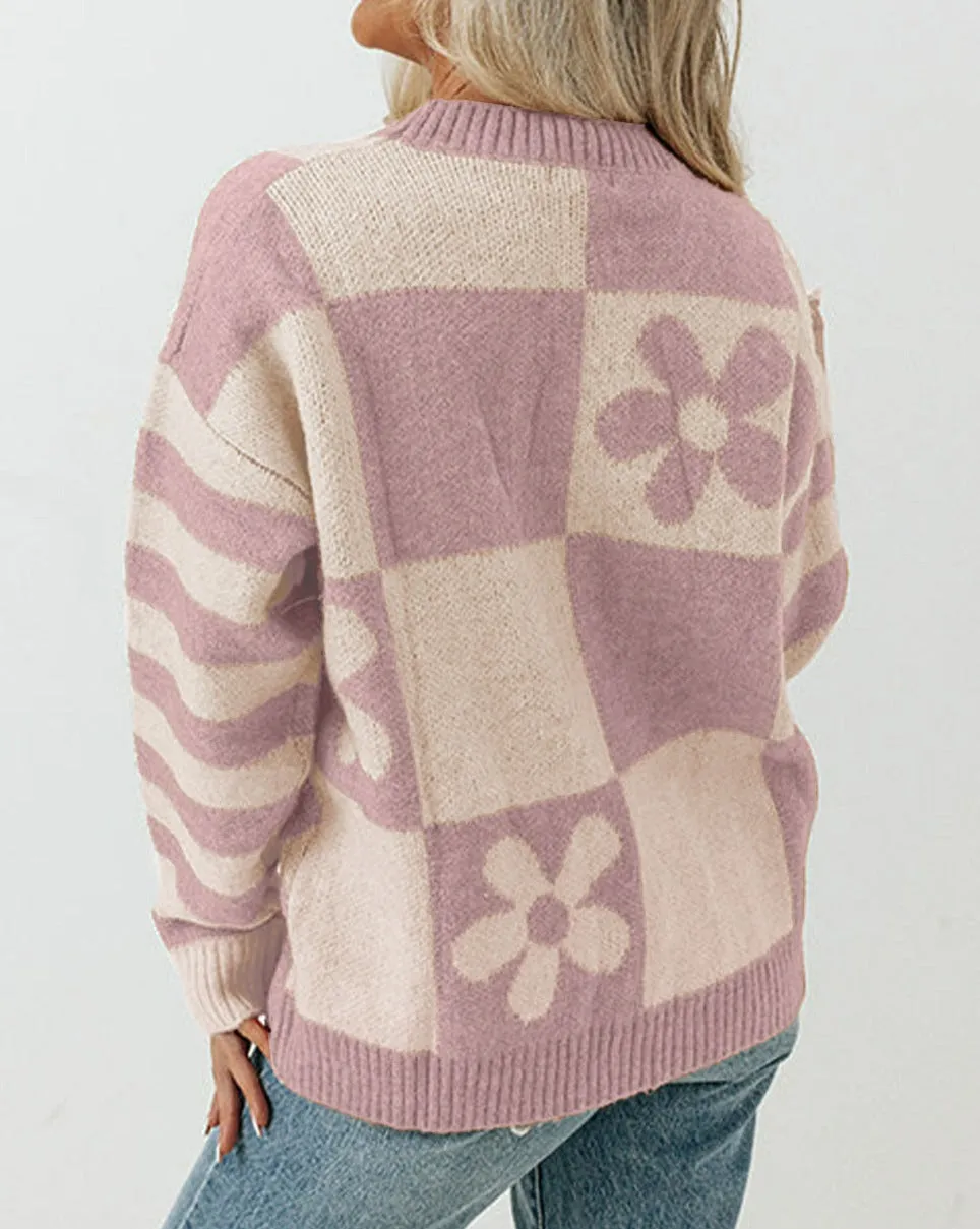 Checkered Floral Stripe Colorblock Sweater