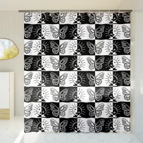 Checkered Shower Curtain: Goth Boho Geometric Black & White Minimalist Vintage Aesthetic, Machine Washable, Lightweight Polyester, Water & Mildew Resistant, Multiple Sizes with Hooks