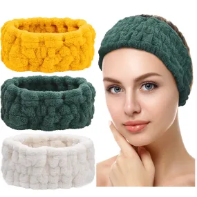 Chuangdi 3 Pieces Spa Facial Headband for Makeup and Washing Face Terry Cloth Hairband Yoga Sports Shower Facial Elastic Head Band Wrap for Women(Milky-White, Yellow, Dark Green)