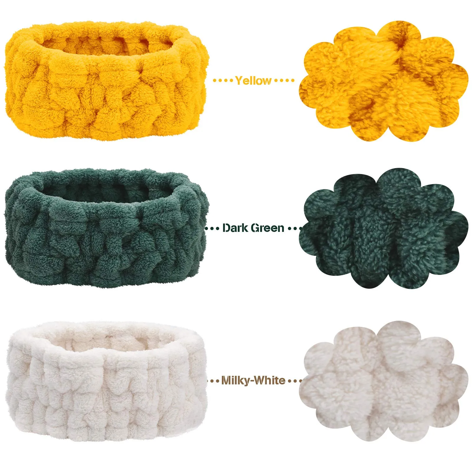 Chuangdi 3 Pieces Spa Facial Headband for Makeup and Washing Face Terry Cloth Hairband Yoga Sports Shower Facial Elastic Head Band Wrap for Women(Milky-White, Yellow, Dark Green)