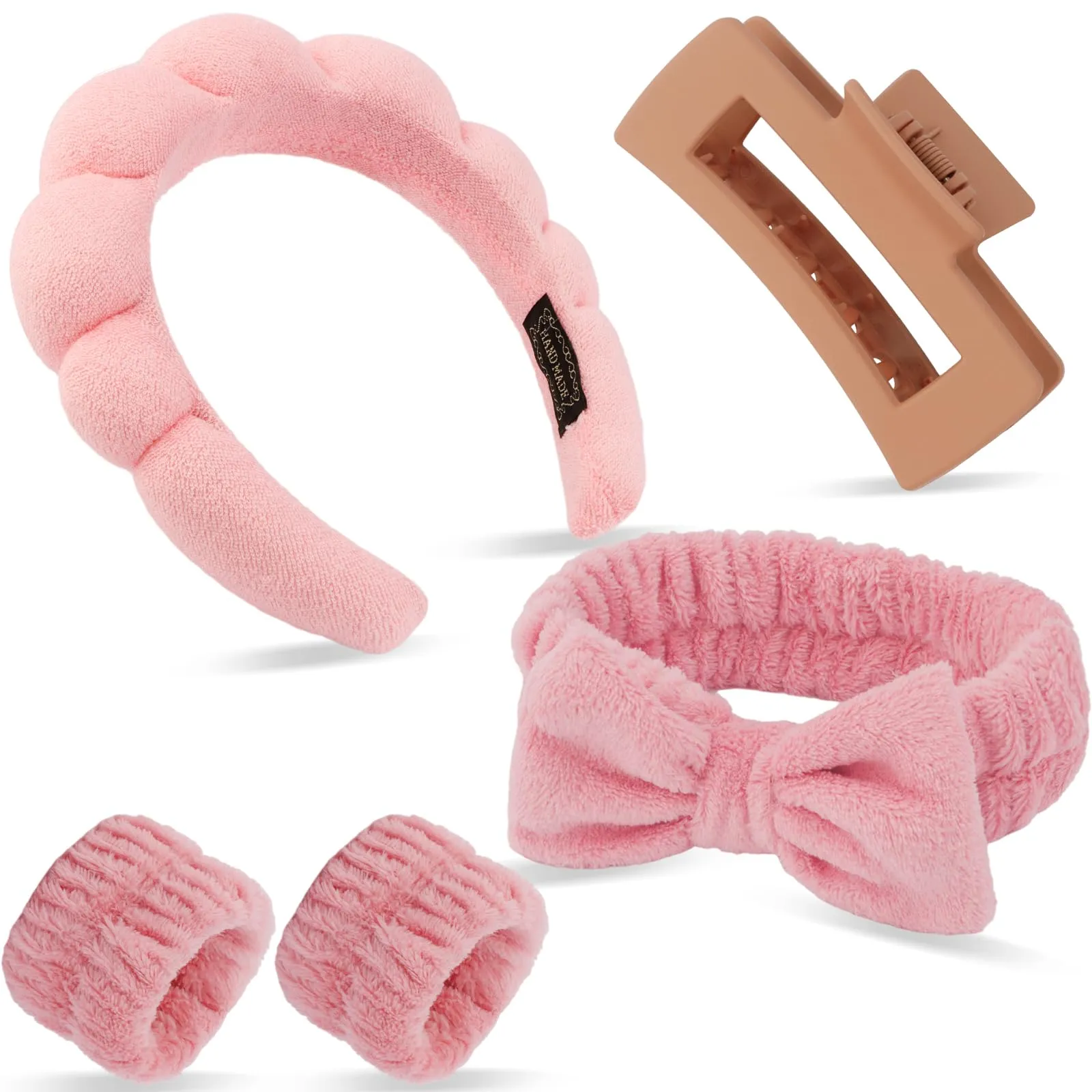 COCIDE 5Pcs Spa Headbands for Women Set with Large Hair Claw Clips Bow Hair Band for Girls Facial Makeup Head Band Knot Turban for Girls Wristband for Washing Face Spa Shower
