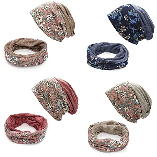 Cotton Beanie Flower Lace Turban, Sleep Cap, Chemo Cap, Slouchy Hat (4 Pack)