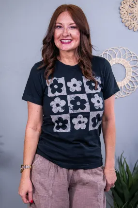 Couldn't Be Happier Vintage Black/Taupe Checkered/Boho Flowers Graphic Tee - A3666VBK