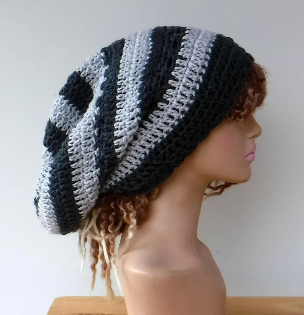 Dark and light grey slouchy large Tam Dreadlock Hippie Beanie Dread Hat handmade crochet unisex
