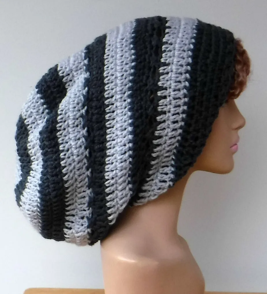 Dark and light grey slouchy large Tam Dreadlock Hippie Beanie Dread Hat handmade crochet unisex
