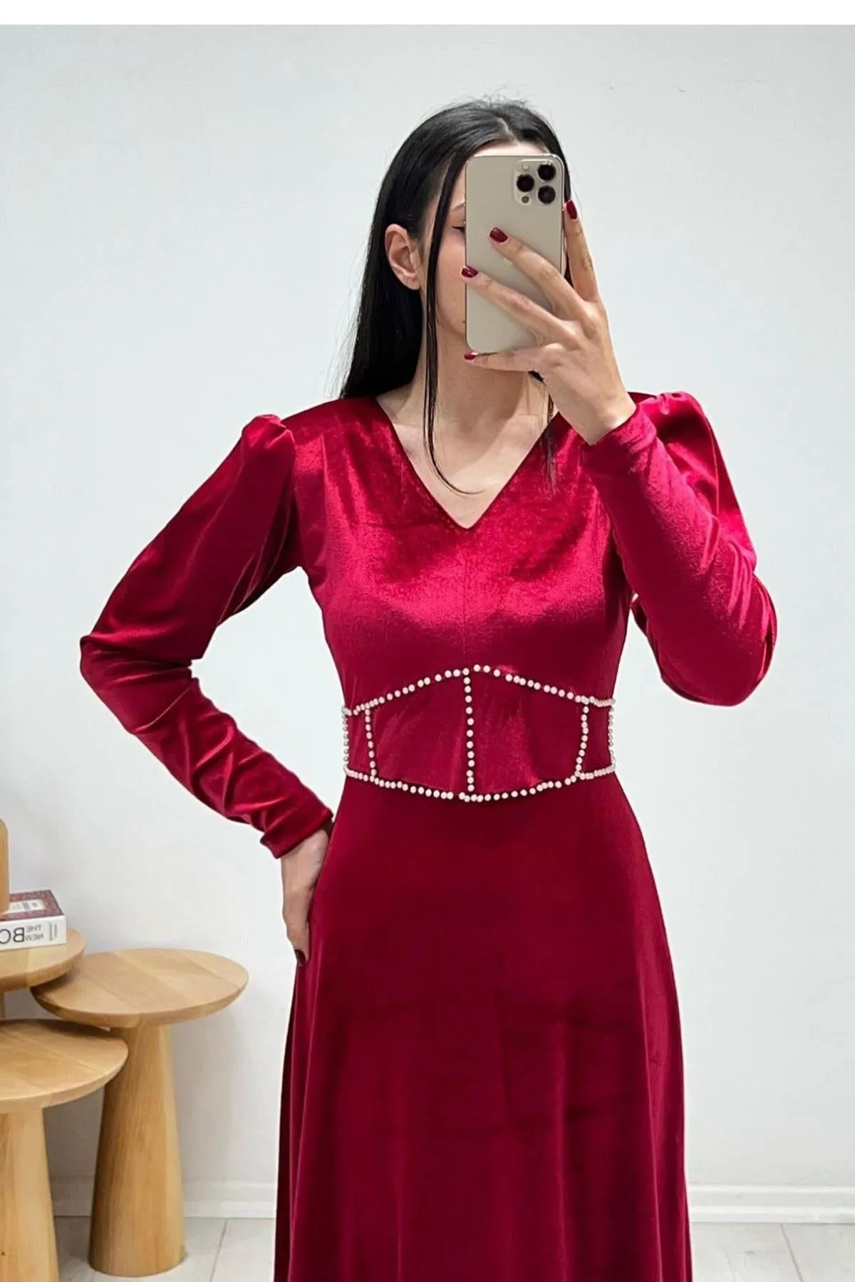 ELS Velvet Dress with Pearl Accessories - Red - San Juan