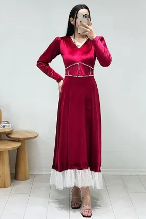 ELS Velvet Dress with Pearl Accessories - Red - San Juan