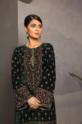 EMBROIDERED 2PC DRESS VELVET WITH JAMAWAR TROUSER (ROYAL GREEN)-EZ209