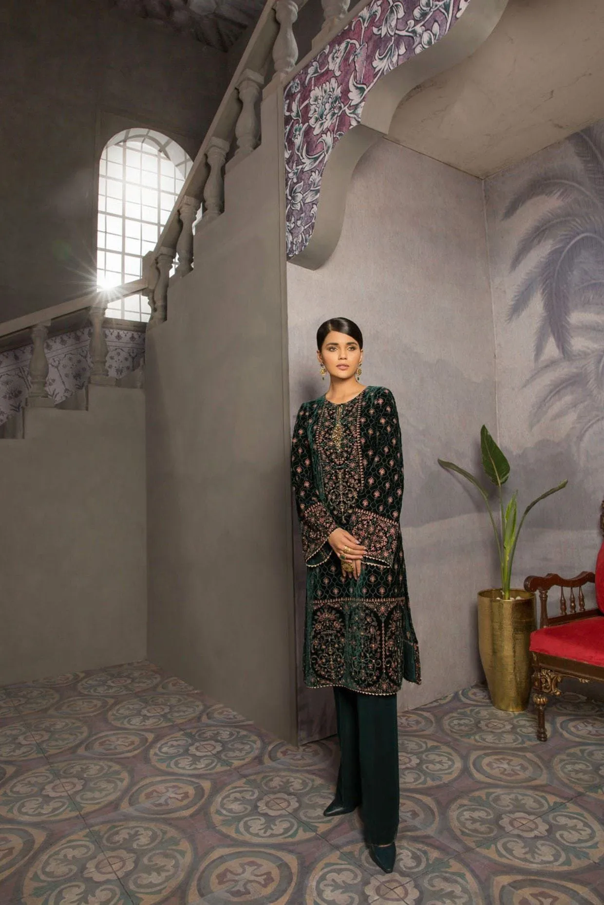 EMBROIDERED 2PC DRESS VELVET WITH JAMAWAR TROUSER (ROYAL GREEN)-EZ209