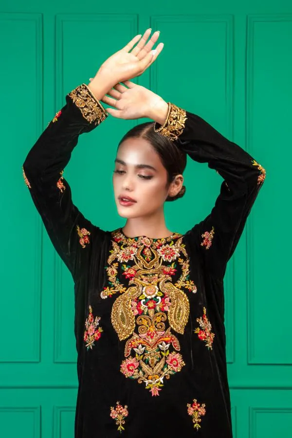EMBROIDERED 2PC UNSTITCHED DRESS VELVET WITH SILK TROUSER BLACK-EZ350