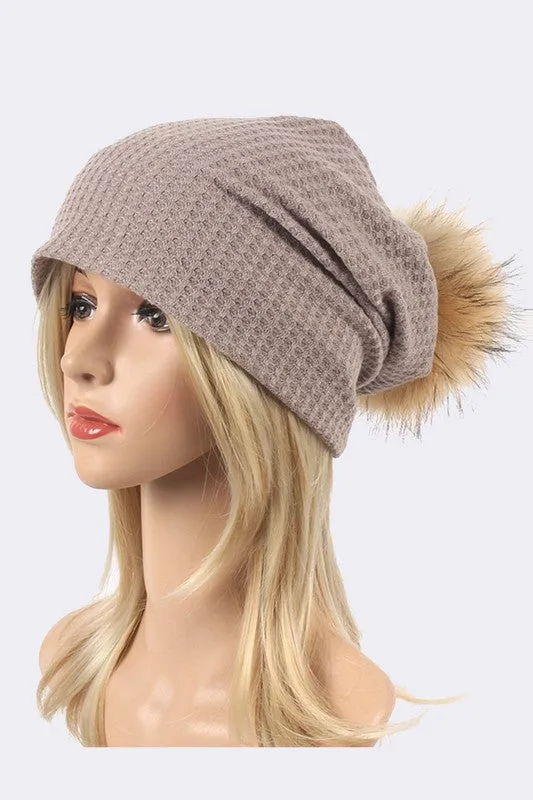 Faux Fur Pom Cotton Slouchy Beanie
