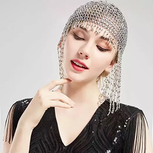 Great Gatsby 1920's Flapper Cleopatra Beaded Headdress Cap Fancy Dress - Silver (Style 28)