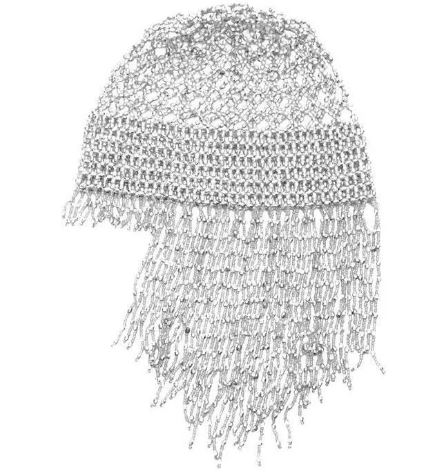 Great Gatsby 1920's Flapper Cleopatra Beaded Headdress Cap Fancy Dress - Silver (Style 28)