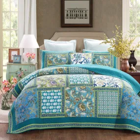 Greek Mediterranean Fountain Bohemian Cotton Patchwork Bedspread Quilt Set