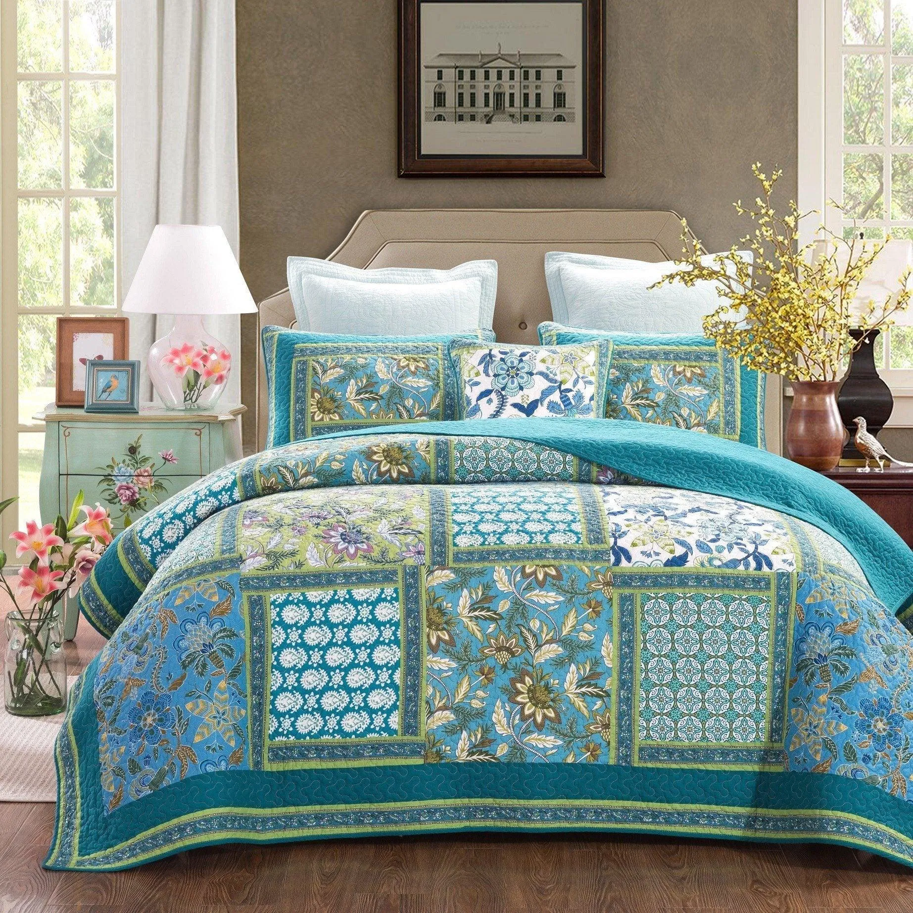 Greek Mediterranean Fountain Bohemian Cotton Patchwork Bedspread Quilt Set