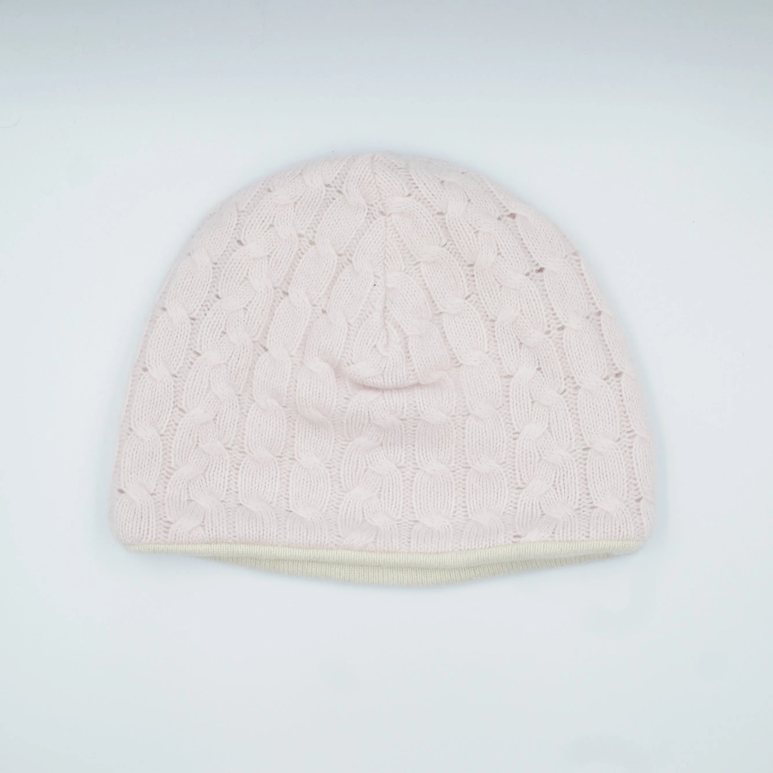 Ice Pink Cable and Cream Cashmere Beanie Hat
