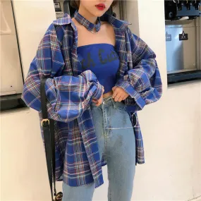 Joskaa Christmas Gift QWEEK Plaid Shirts Women Vintage Beautiful Blouse with Lush Sleeves Button Up Checkered Shirt Cardigan Korean 2024 Oversized Top