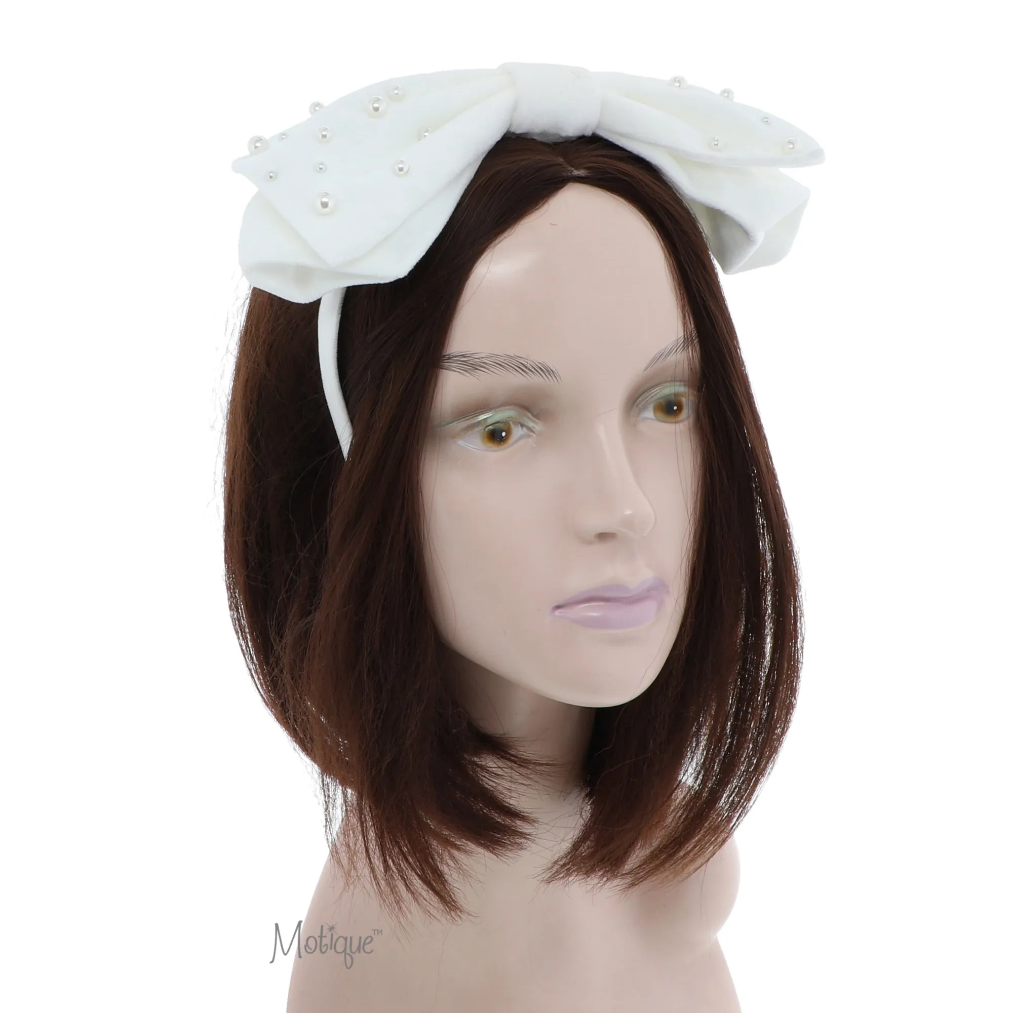 Large Soft Velvet Bow Headband with Pearls