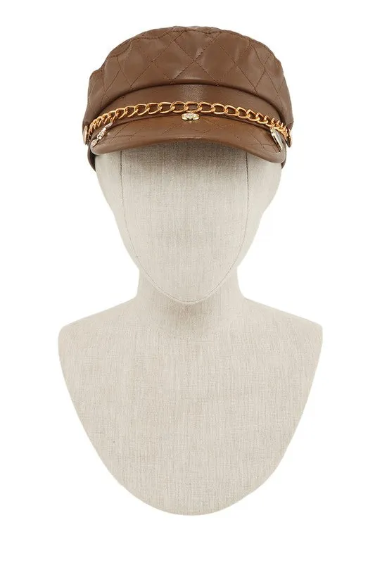Leather Beret Cap with Chain and Number 5 Accent