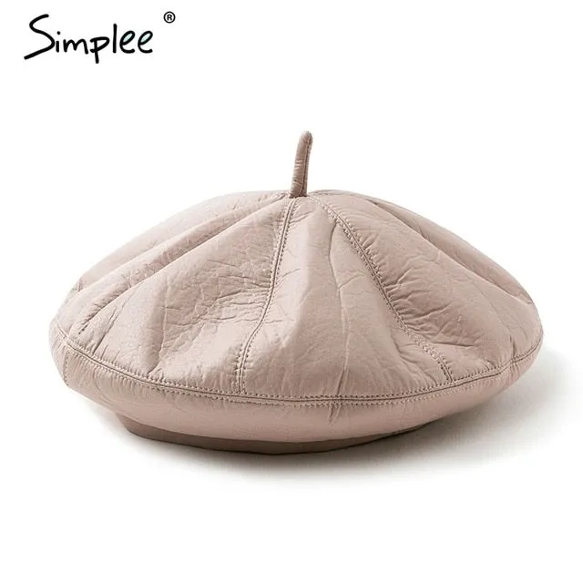 Leather beret hats for women Winter