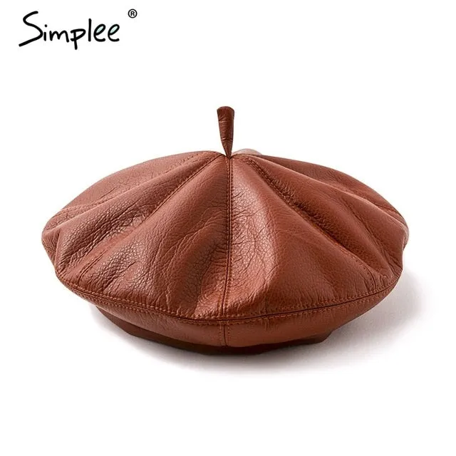 Leather beret hats for women Winter