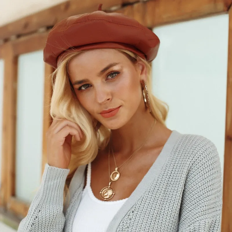 Leather beret hats for women Winter