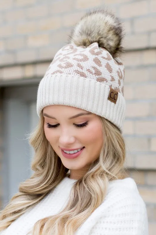 Leopard Fur Pom Beanie Winter Comfy