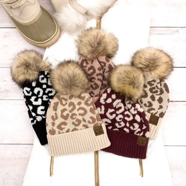 Leopard Fur Pom Beanie Winter Comfy