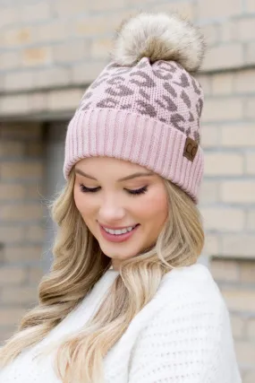 Leopard Fur Pom Beanie Winter Comfy