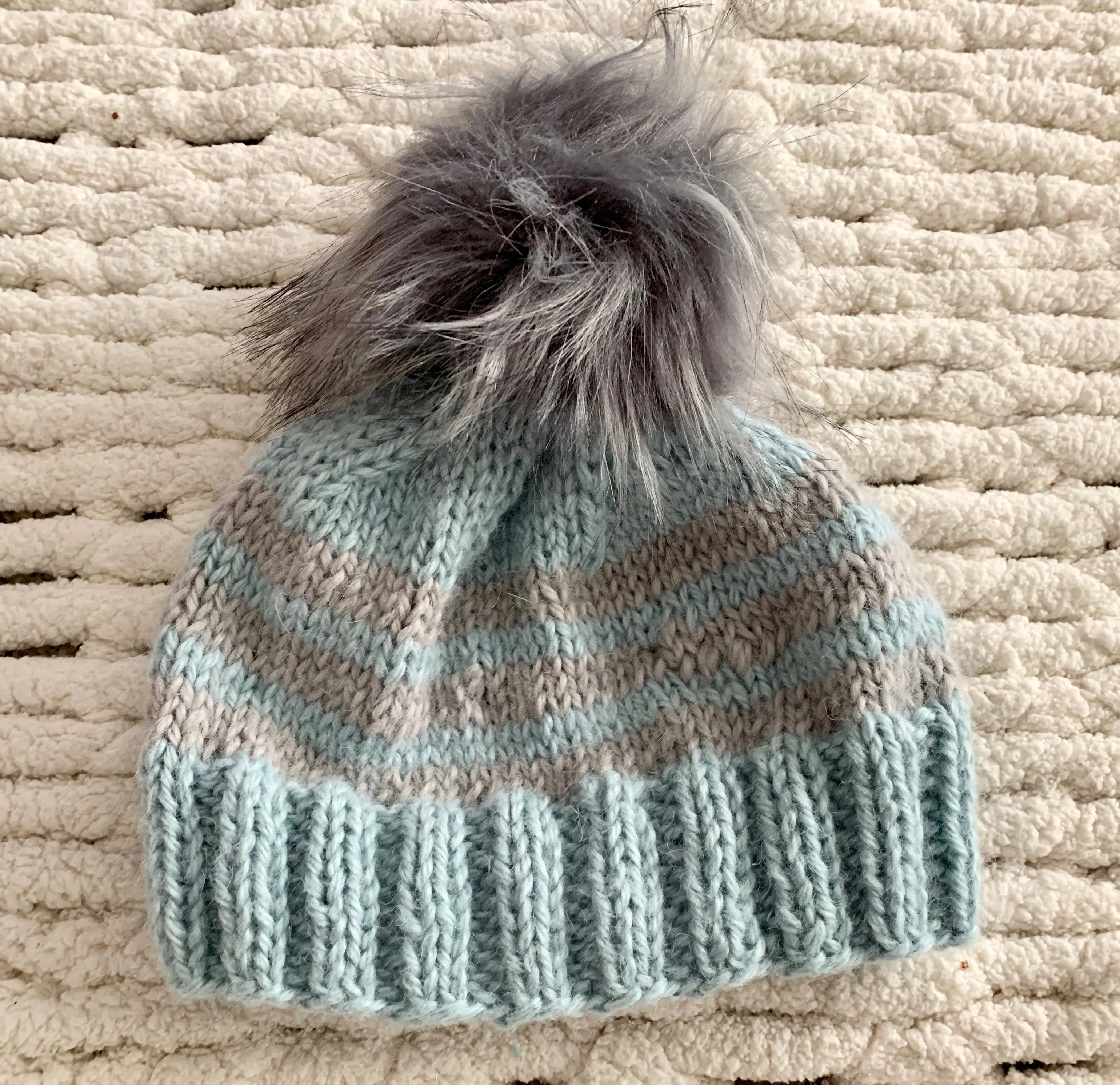 Light Blue and Gray Baby Alpaca Beanie with Pom Pom