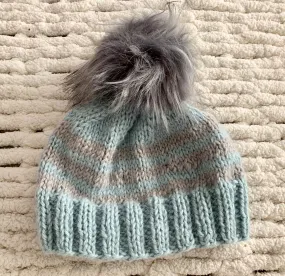 Light Blue and Gray Baby Alpaca Beanie with Pom Pom