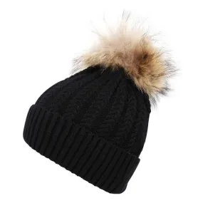 Luxury Ladies Wool Fur Pom Pom Hat - Black