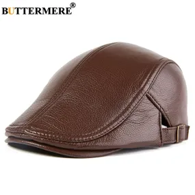 Men Beret Hat Real Leather Flat Cap